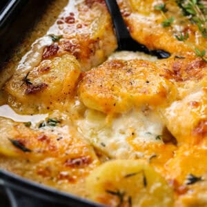 potato gratin in a black baking dish with a spoon