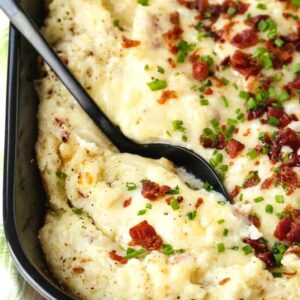 twice baked potato casserole recipe with a black spoon