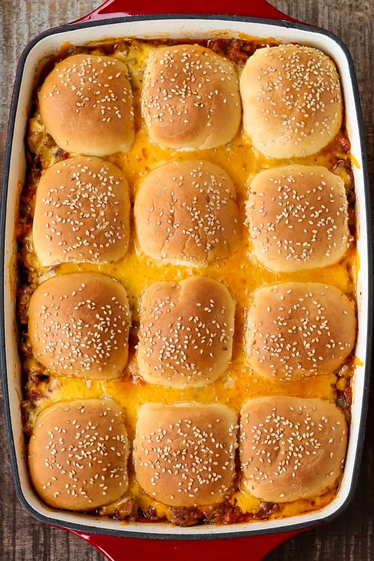 Cheeseburger Casserole with cheese and slider buns