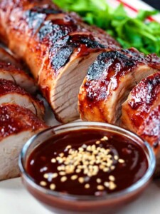 sliced pork tenderloin recipe with a cup of sauce and sesame seeds