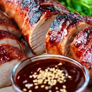 sliced pork tenderloin recipe with a cup of sauce and sesame seeds