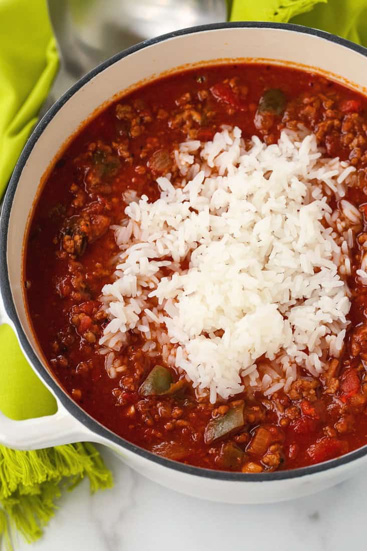 stuffed pepper soup process shot with white rice