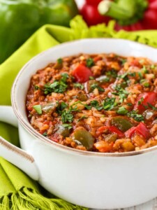 stuffed pepper soup in a white crock