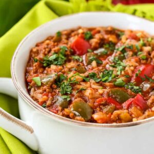 stuffed pepper soup in a white crock