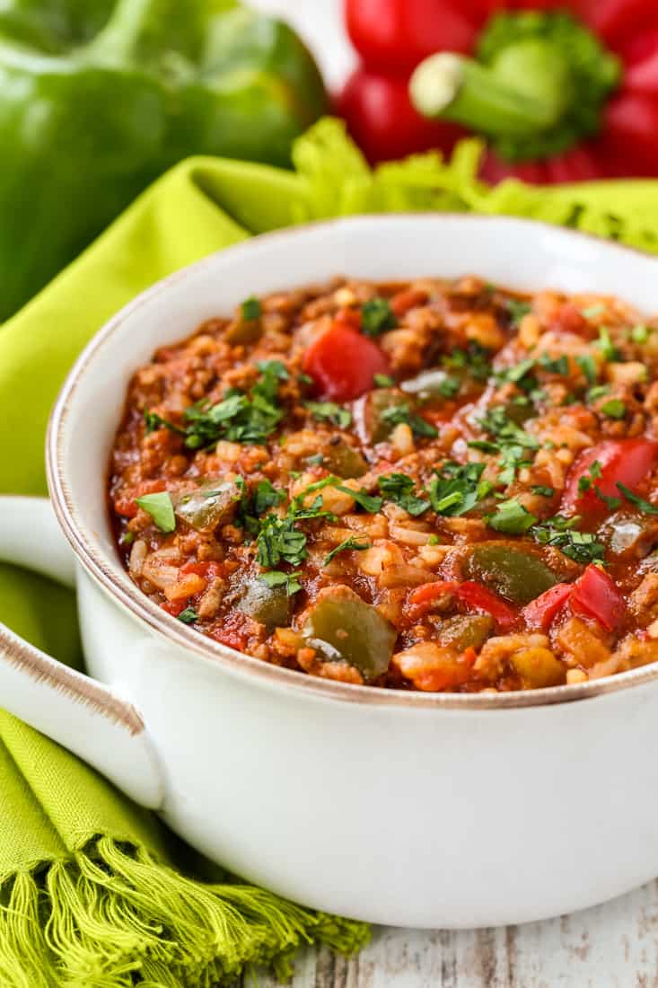 stuffed pepper soup in a white crock