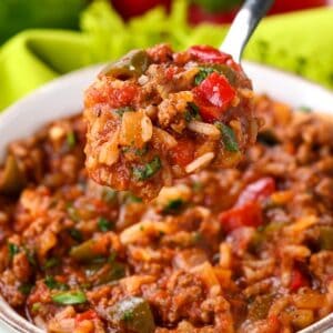 stuffed pepper soup recipe with a bite on a spoon