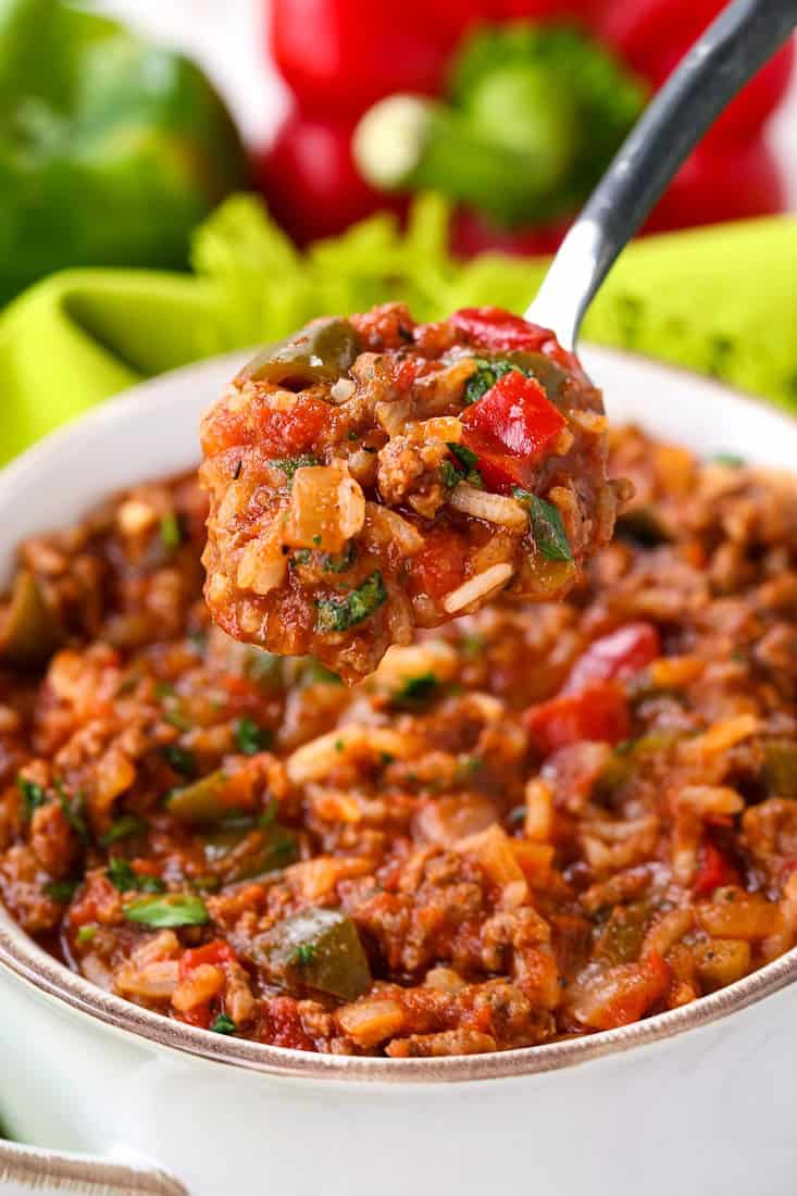 stuffed pepper soup recipe with a bite on a spoon