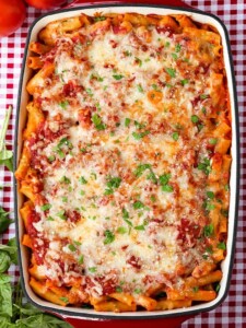 baked ziti recipe on a red and white checkered table cloth