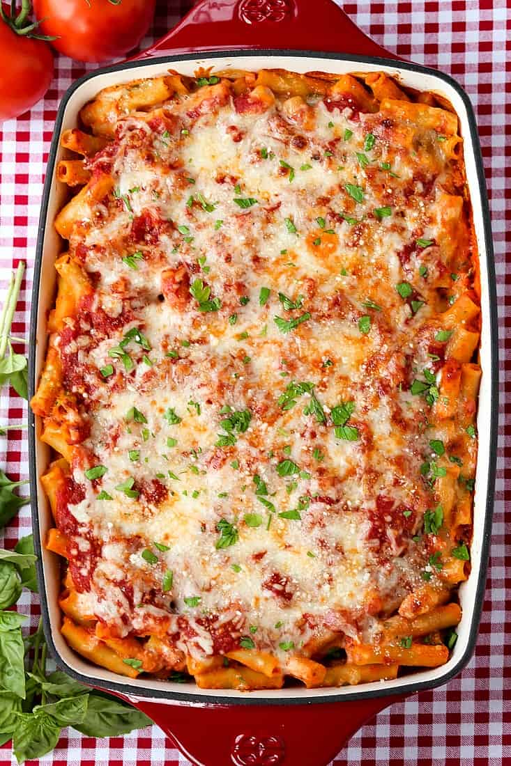 baked ziti recipe on a red and white checkered table cloth