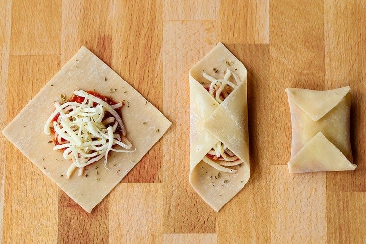 Copycat Totino's Pizza Rolls being folded in three steps.