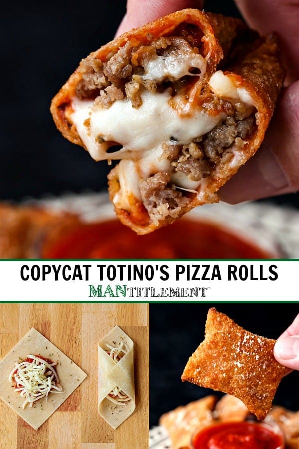 A collage with three images. First, a copycat Totino's Pizza Roll cut in half filled with gooey cheese and ground meat. Second, a pair of raw wonton shells with sauce and cheese. Third, a crispy finished pizza roll.