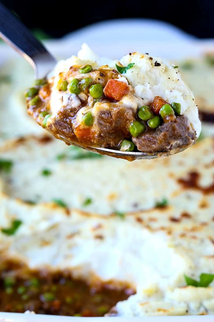 Guinness Shepherd's Pie in a serving spoon