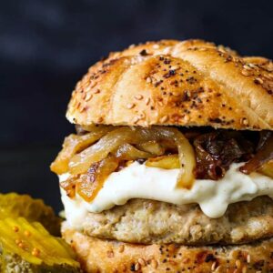 Next Level Turkey Burgers with Caramelized Onion & Aioli are an over the top turkey burger recipe