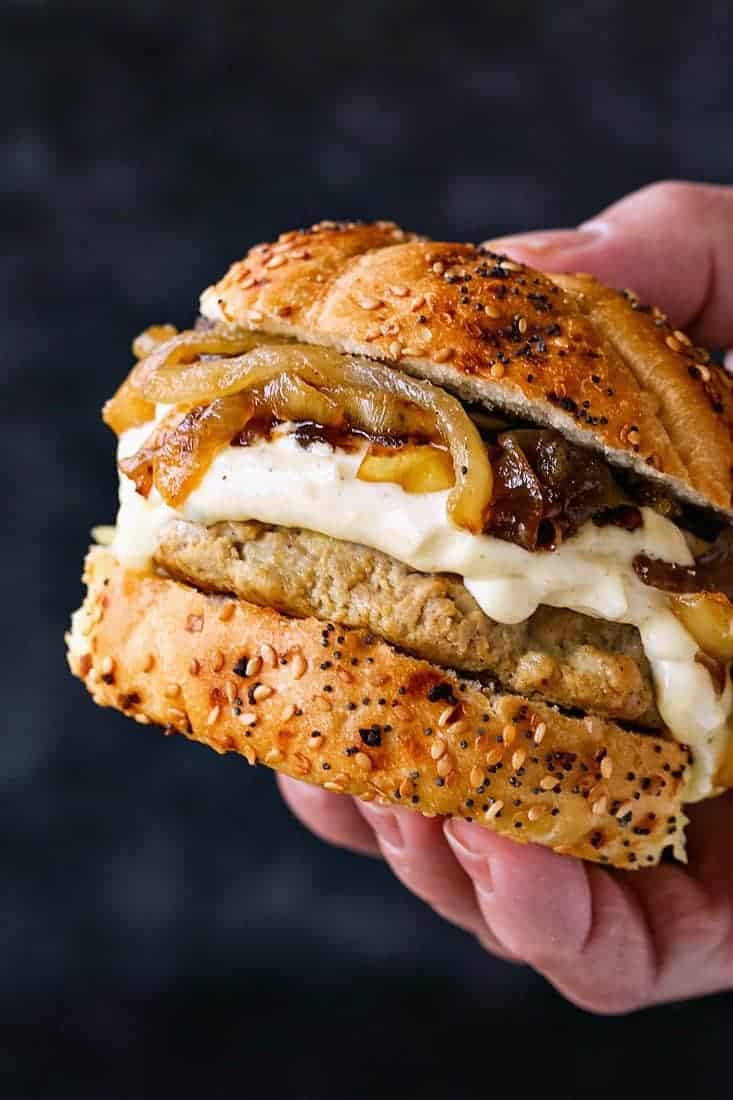 Turkey burger with caramelized onions and garlic aioli