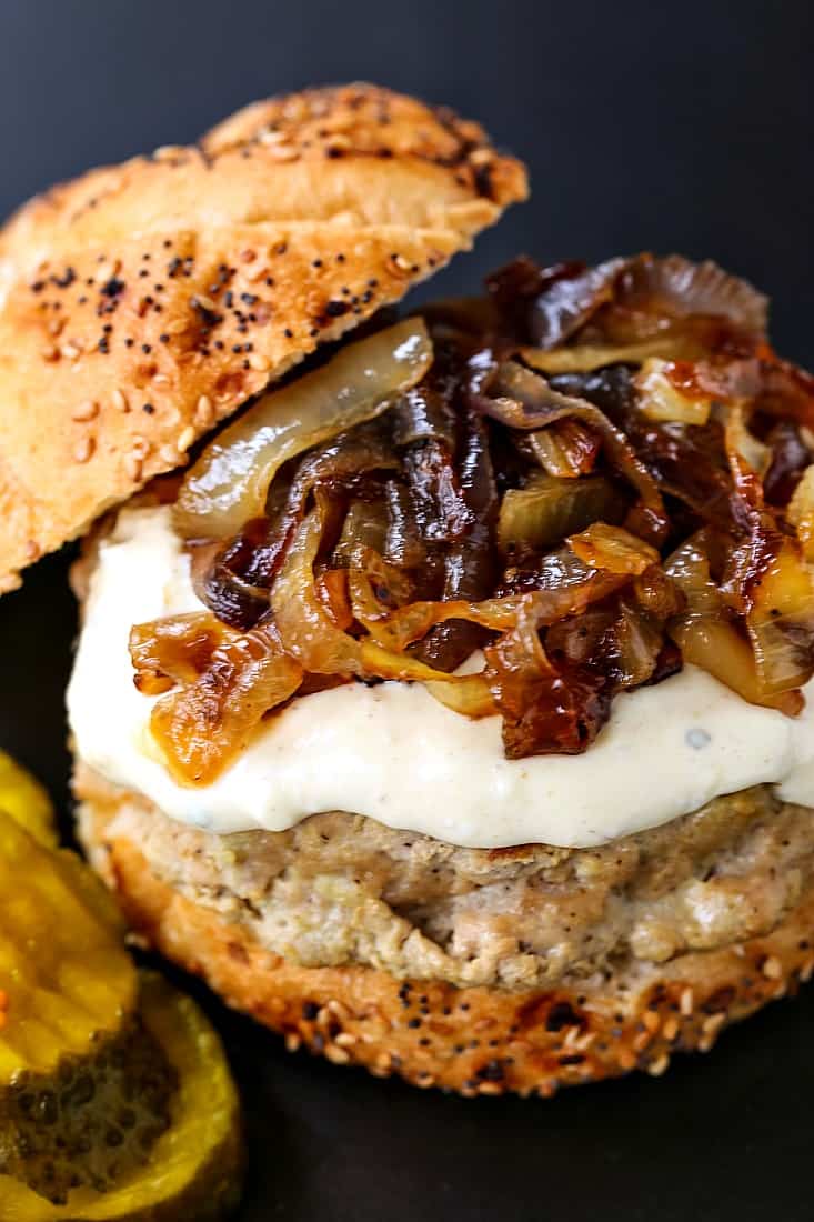 Turkey burger recipe with caramelized onions and garlic aioli on top