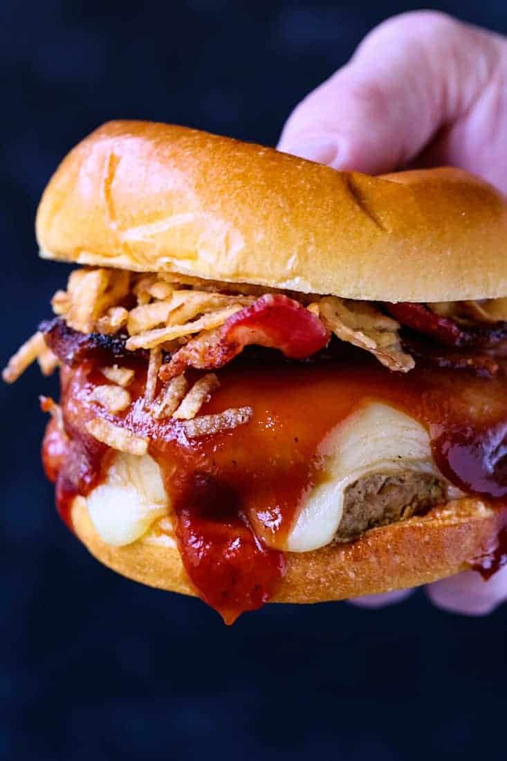 Turkey burgers recipe with BBQ sauce, bacon and fried onions