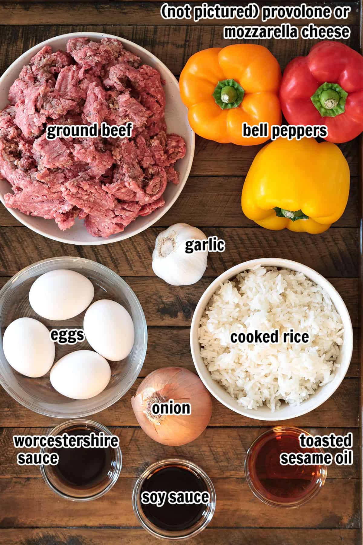 Philly Cheesesteak Fried Rice is the ultimate, comfort food dinner! Ground beef, peppers and gooey cheese make this fried rice irresistible! ingredients for philly cheesesteak fried rice