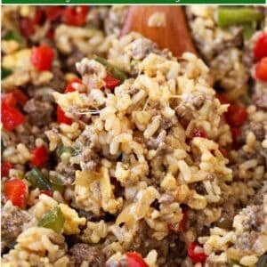 philly cheesesteak fried rice image with text overlay for pinterest