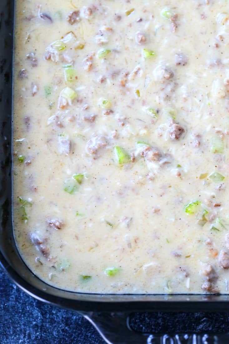 Rice casserole recipe with ground beef and sausage in a cream sauce