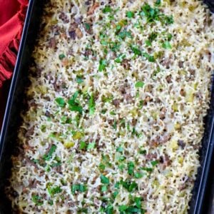 Jailhouse Rice recipe in a black casserole dish from the top