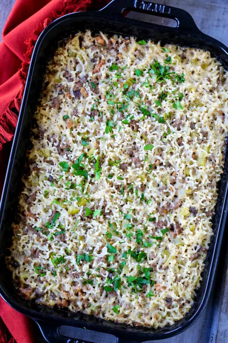 Jailhouse Rice recipe in a black casserole dish from the top