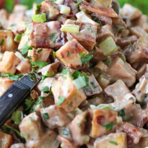potato salad made with roasted potatoes in a creamy bbq dressing