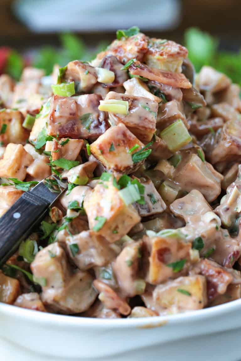 potato salad made with roasted potatoes in a creamy bbq dressing