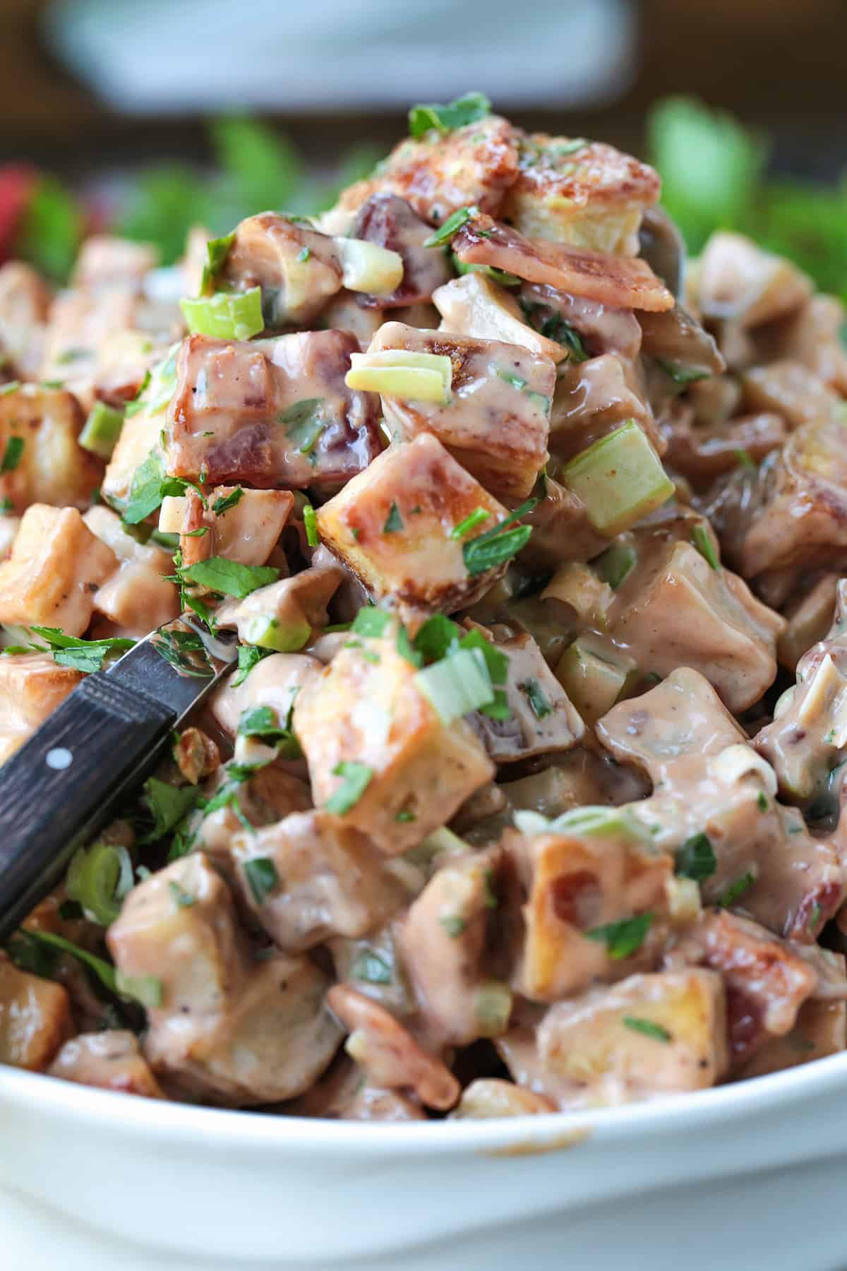 This Barbecue Roasted Potato Salad is unique side dish that everyone loves! Crispy, roasted potatoes tossed with a creamy, bbq dressing! potato salad made with roasted potatoes in a creamy bbq dressing