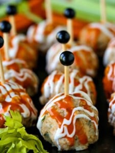 Buffalo Chicken Meatballs on a black serving platter