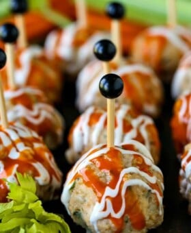 Buffalo Chicken Meatballs on a black serving platter