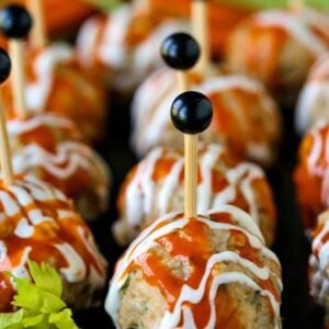 Buffalo Chicken Meatballs on a black serving platter