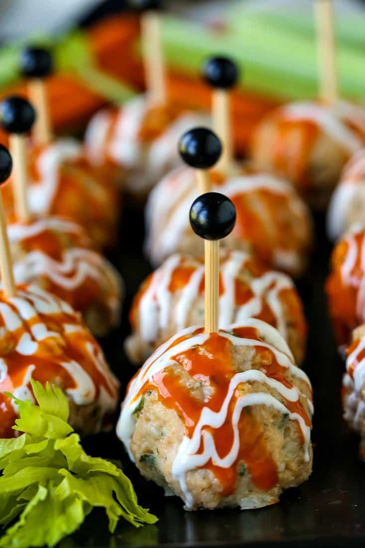 Buffalo Chicken Meatballs on a black serving platter