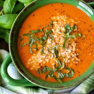 Roasted Tomato Basil Soup in green bowl