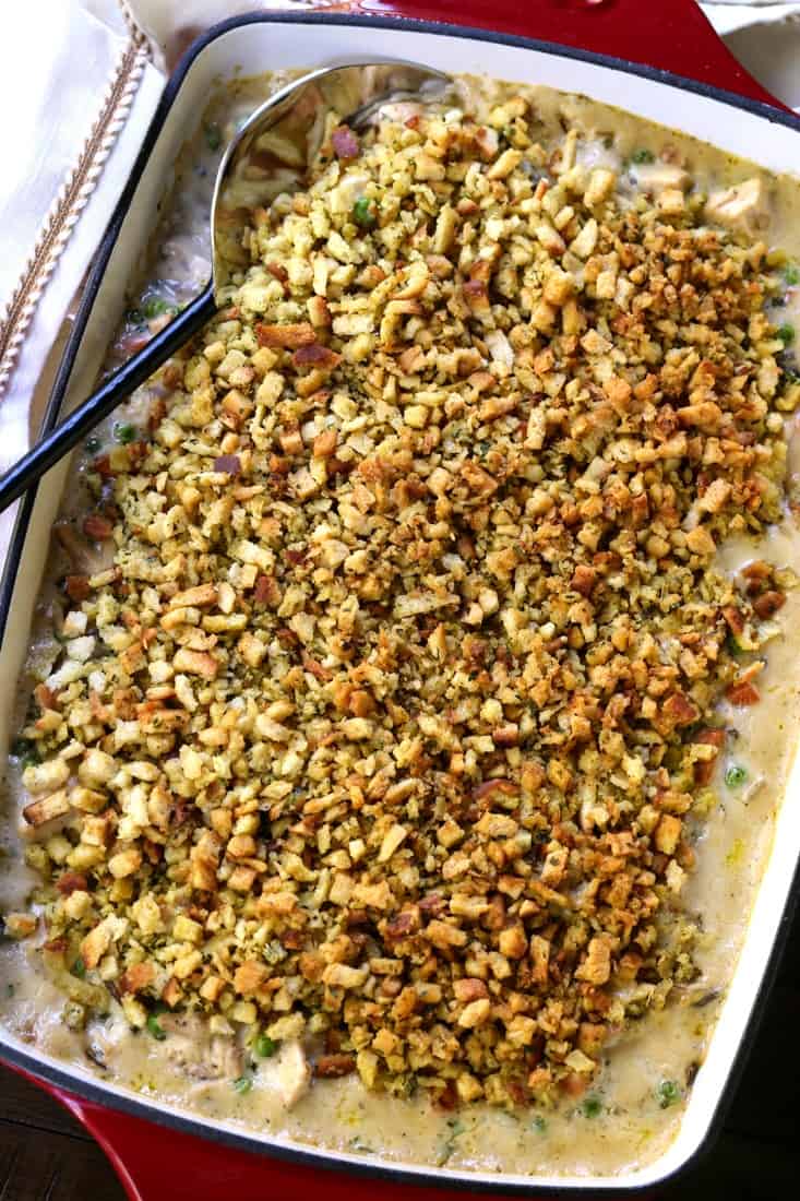 chicken and stuffing casserole with napkin