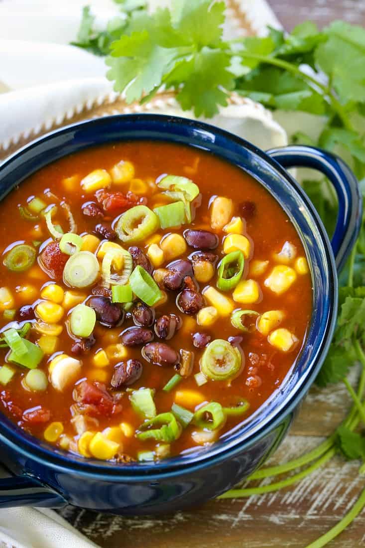 This Black Bean and Corn Soup is such an easy recipe! Your slow cooker does all the work for you, and blends the flavors together perfectly! Black Bean and corn soup with chopped scallions on top