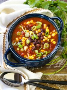 Black bean soup in a soup bowl with cilantro