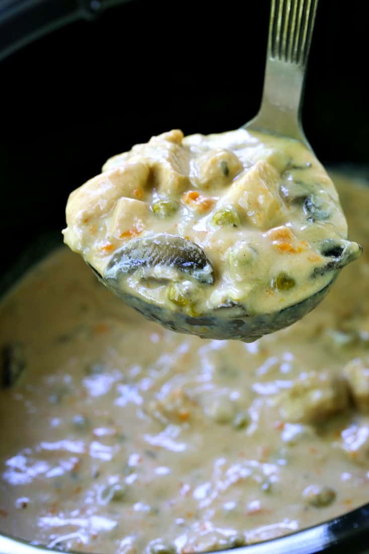 You only need ten minutes to start this Crock Pot Chicken Pot Pie! Super creamy sauce with tender chicken and veggies, topped with a biscuit! Crock Pot Chicken Pot Pie filling