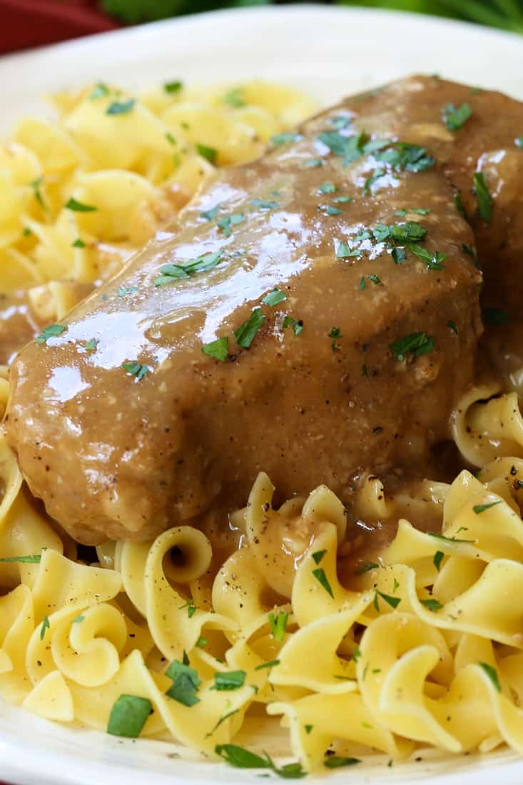 slow cooker pork chops with brown gravy and noodles