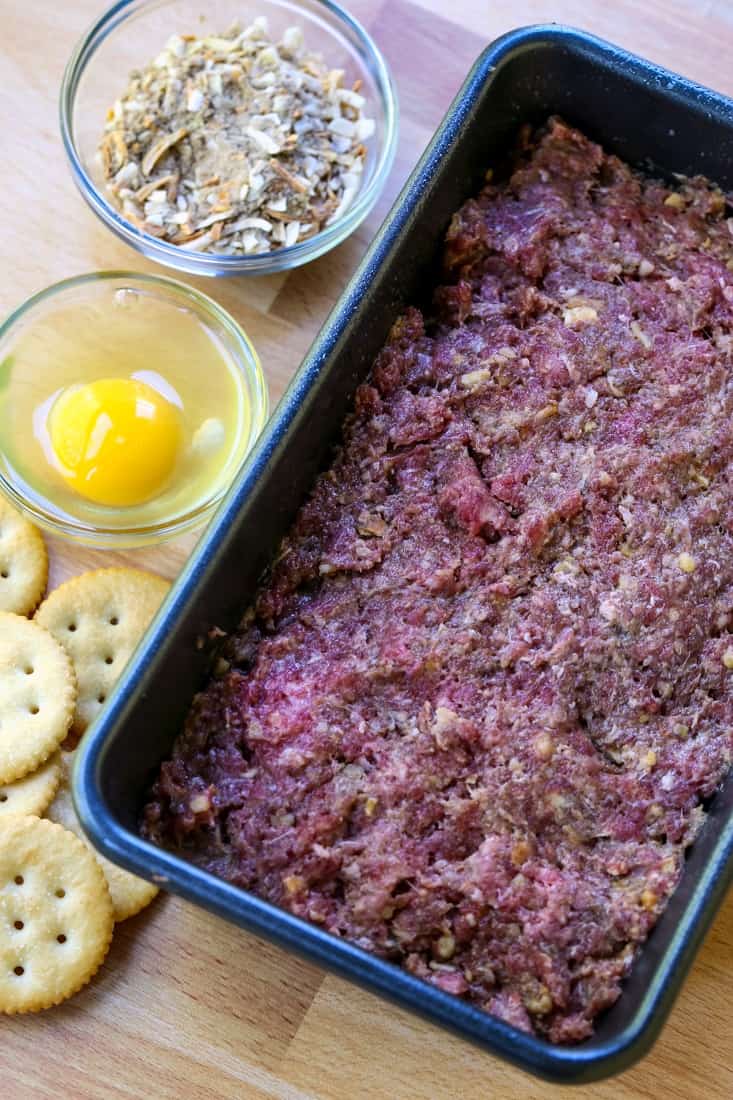 Meatloaf recipe in loaf pan before going into the oven