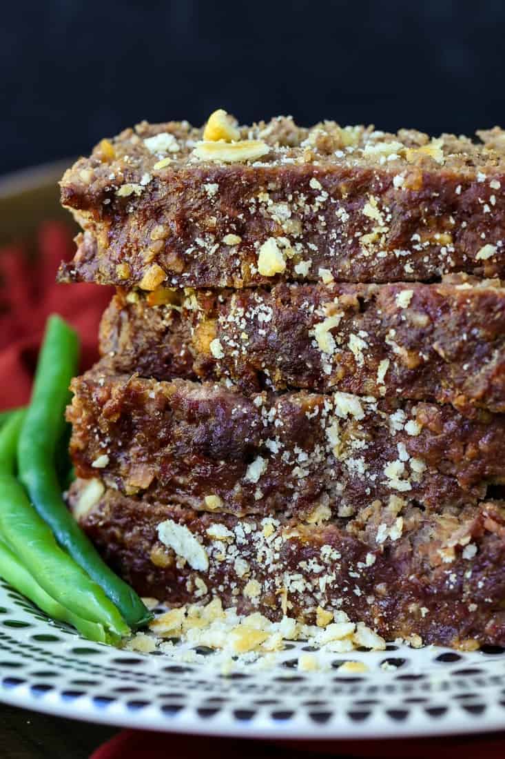 Ground beef meatloaf recipe with ritz crackers stacked 