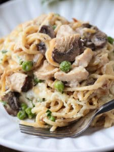 turkey tetrazzini on plate with fork