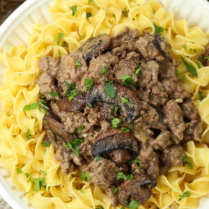 ground beef stroganoff over noodles on plate