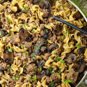 ground beef stroganoff on plate with noodles
