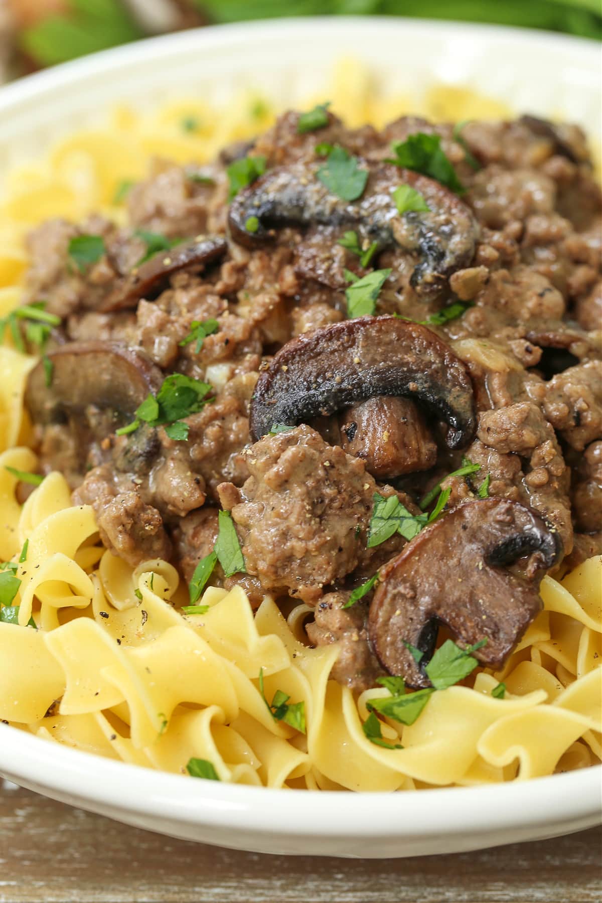 ground beef stroganoff over egg noodles on plate from side