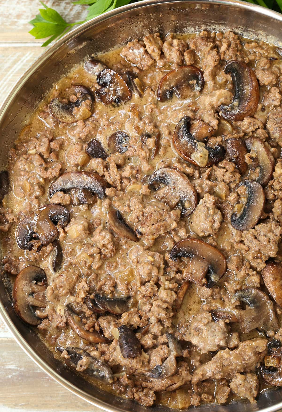ground beef stroganoff in a skillet