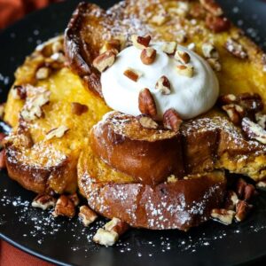 French toast casserole with whipped cream and pecans