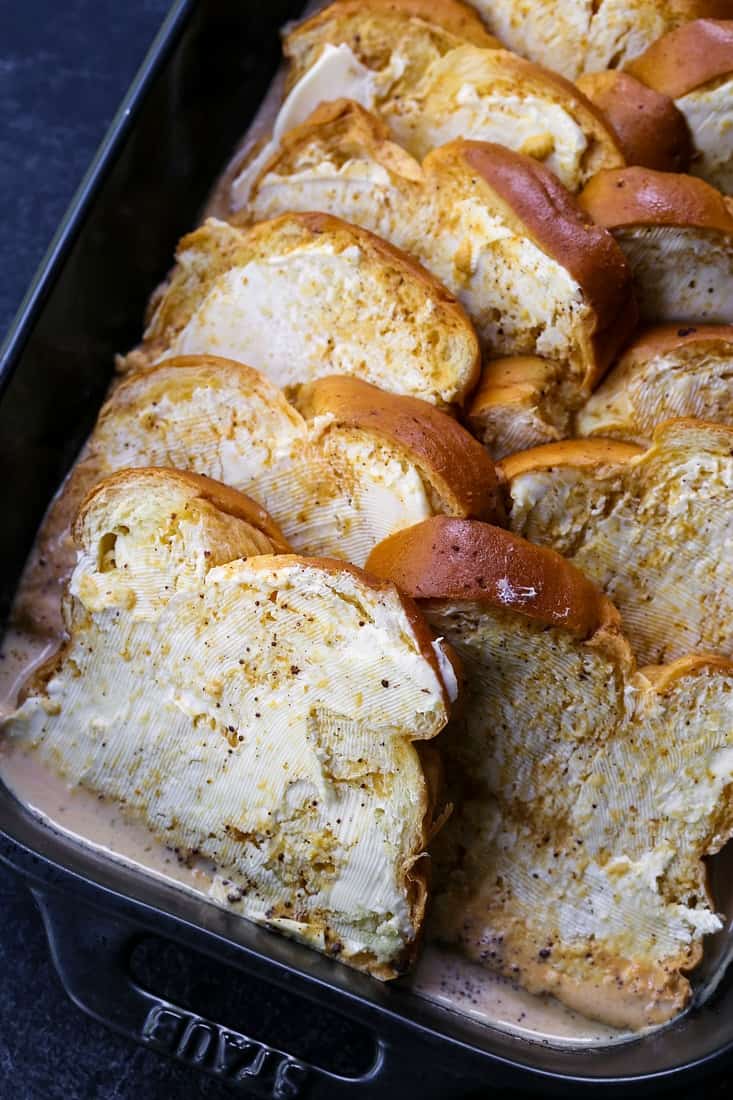 brioche bread soaking in pumpkin cream