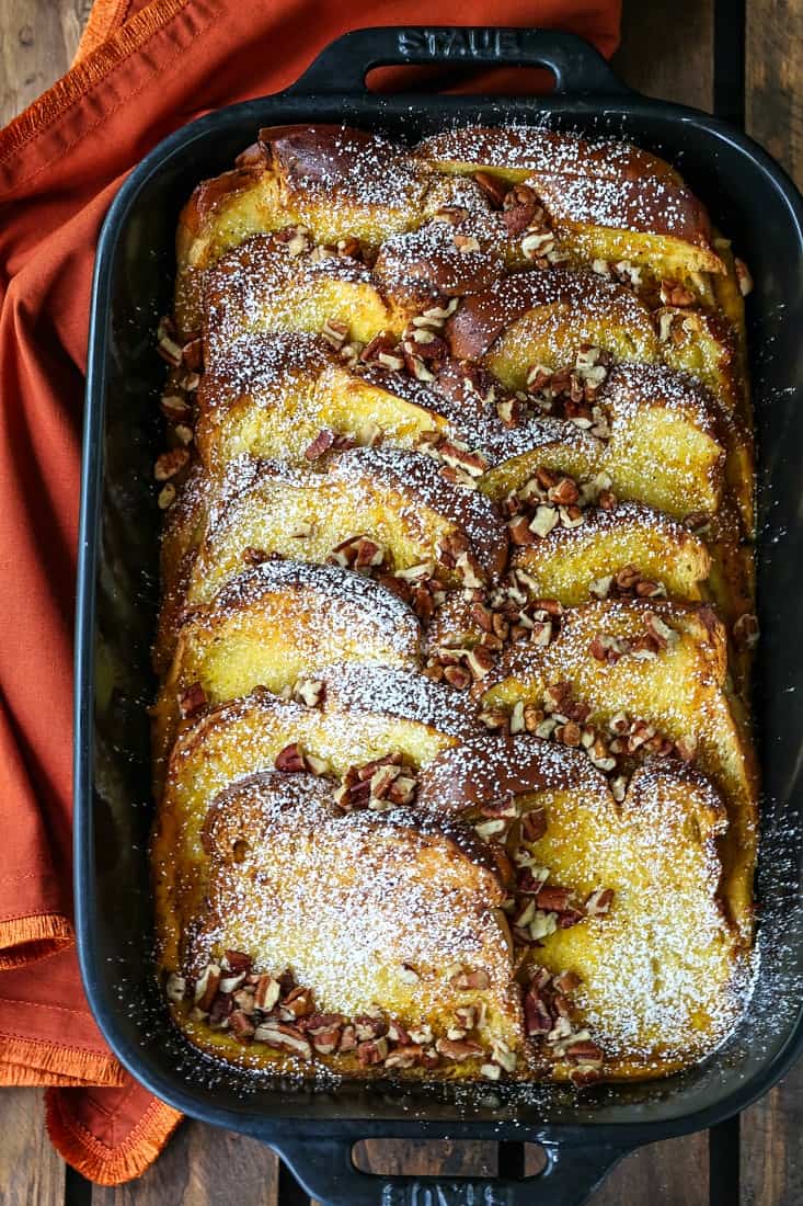 pumpkin french toast in a black baking dish