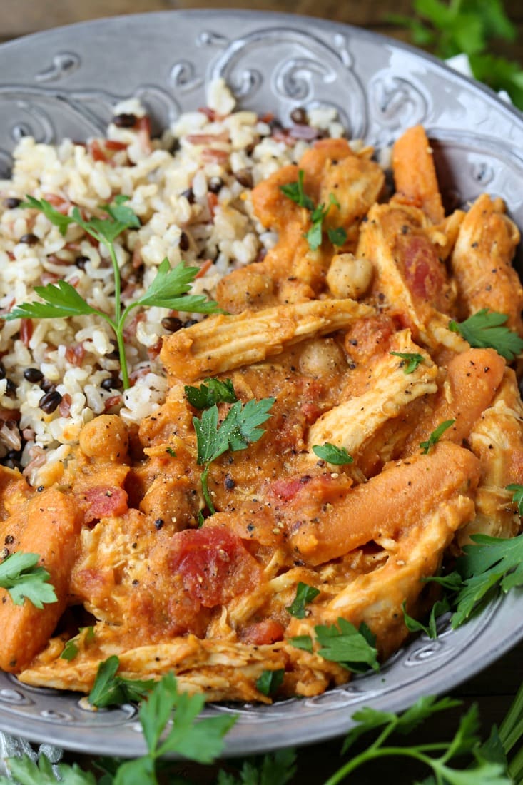 Chicken stew with pumpkin and vegetables served with rice