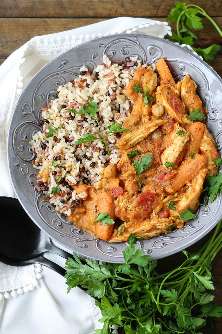 Pumpkin Chicken Stew with rice in grey bowl